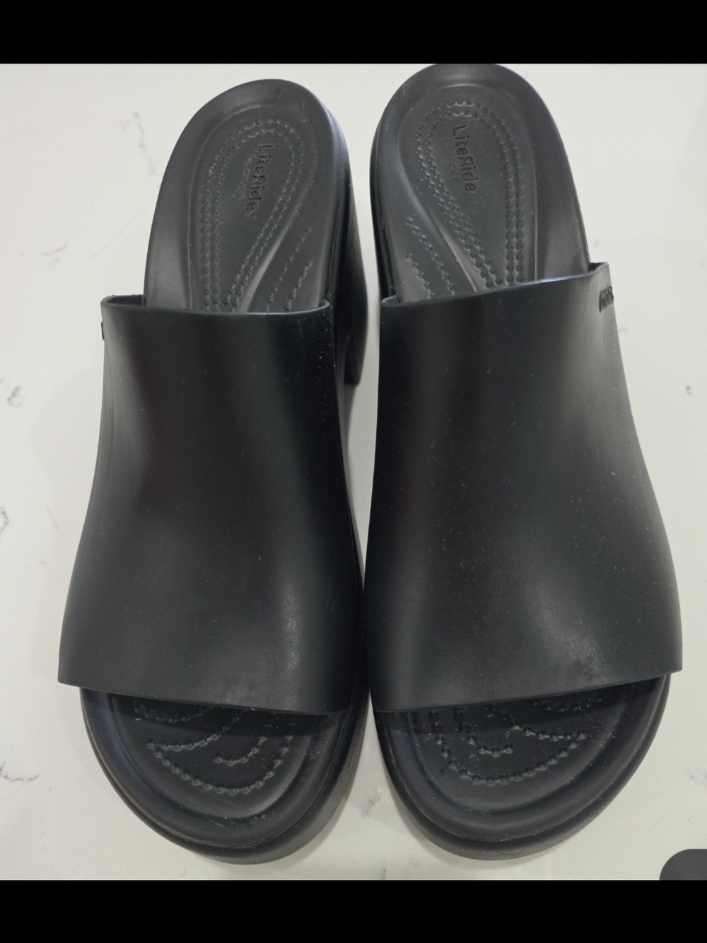 CROCS WOMEN'S BROOKLYN SLIDE HEEL BLACK, SIZE 11 W. 3" BLOCK HEEL SLIGHTLY USED.